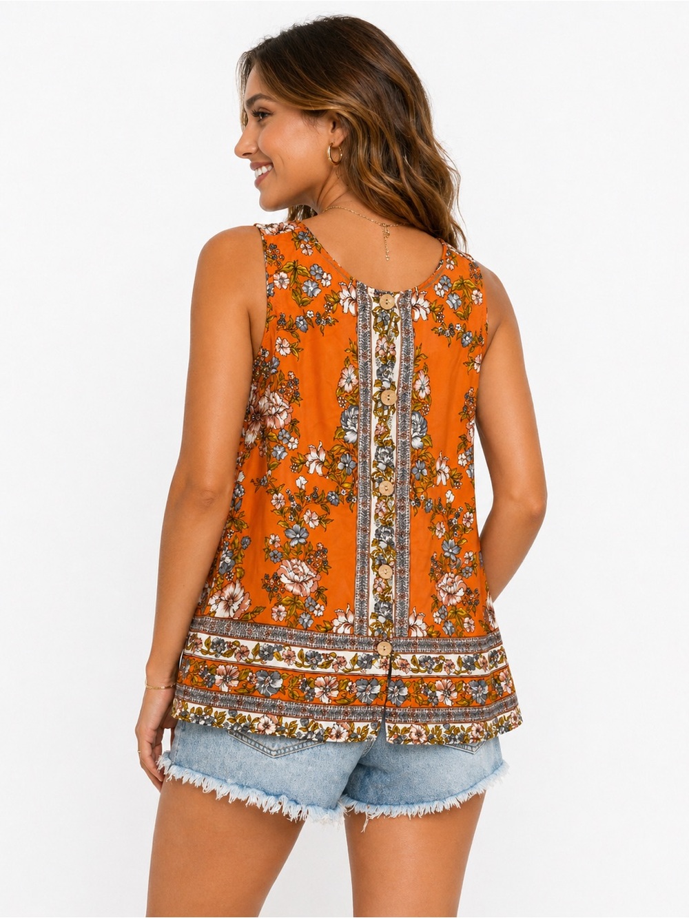 Christian Siriano Orange Floral Sleeveless Blouse Size Large Boho Summer Top